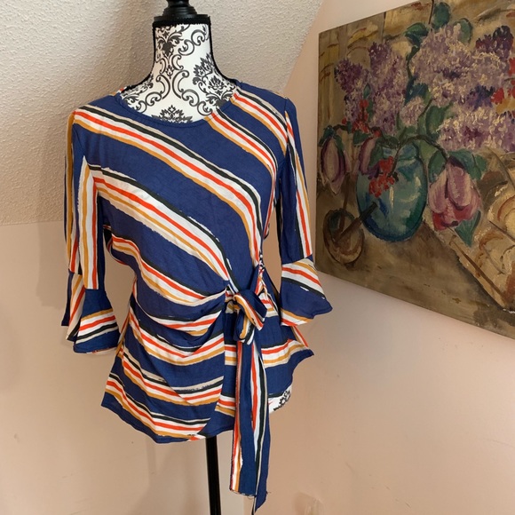 Woven Striped Front Tie Ruffle Top - Picture 3 of 6